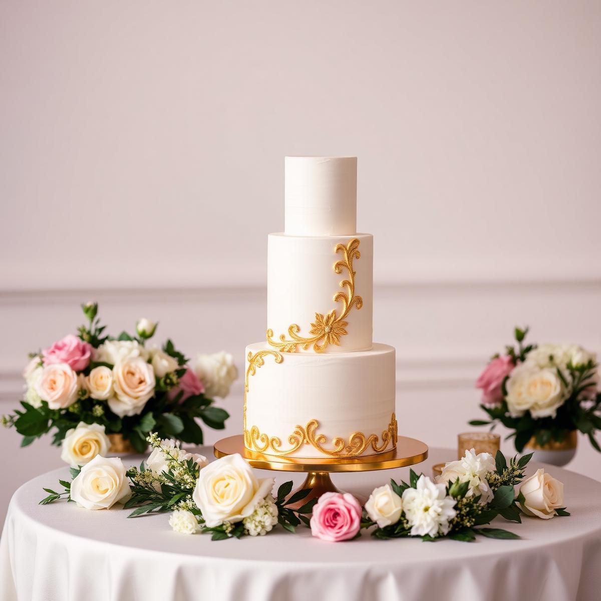 Tort de nuntă cu decoruri aurii
